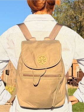 Tory Burch Light Olive Green/Tan Logo Backpack